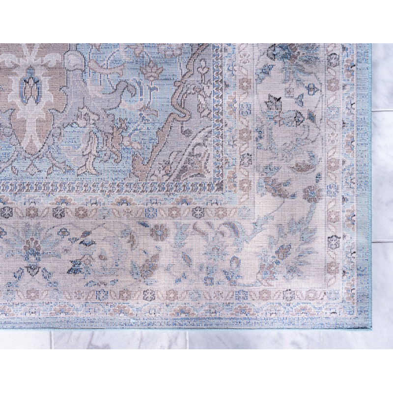 Tapis oriental bleu clair / gris / brun clair Duckett, Rectangle 4 pi 1 po x 6 pi 1 po