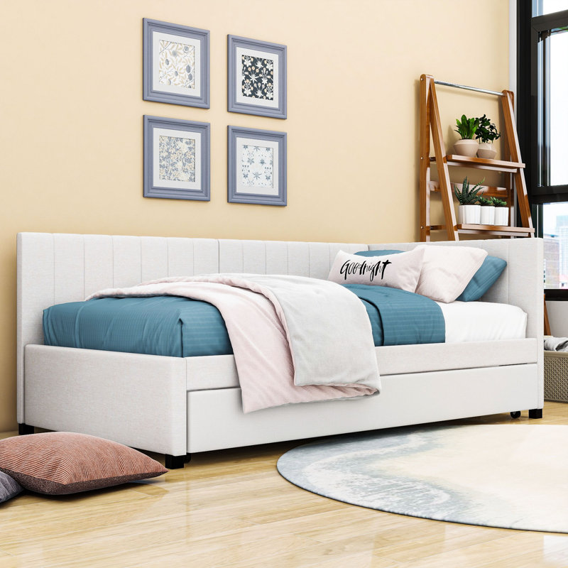 Linen Upholstered Daybed with Twin Trundle, Twin, Beige