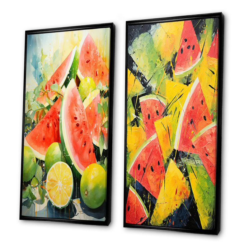 «Red Vibrant Melon Palette I», ensemble d'art mural sur toile Melon, Cadre flottant noir, H 32 po x l 33 po