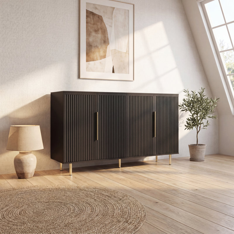 Fluted Panel Sideboard – Contemporary Black Storage Credenza With Metal Handles, Black
