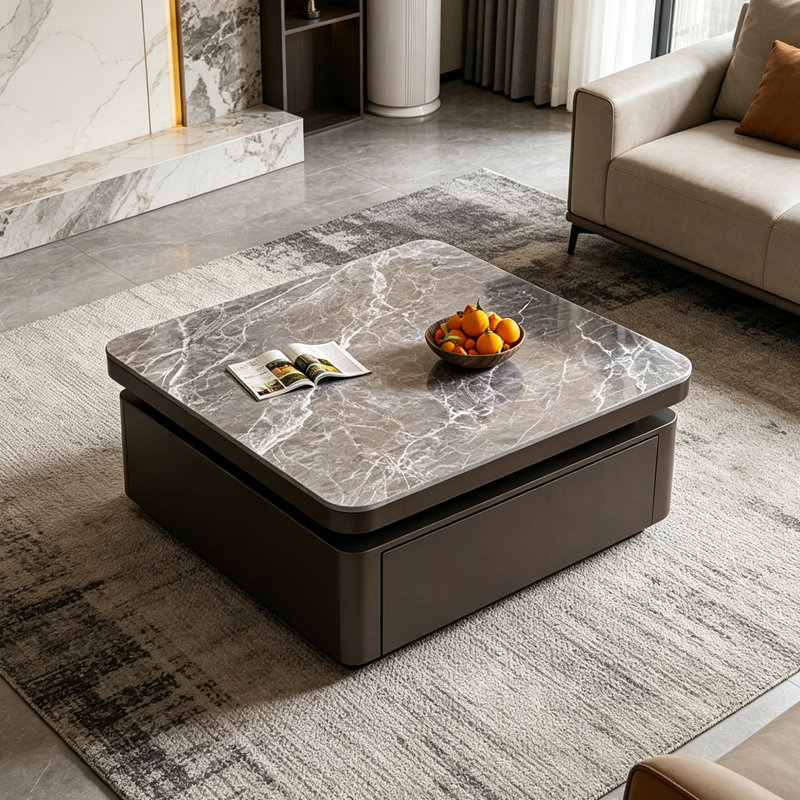 Table basse de luxe Italian Light, H 14,56 po x L 31,49 po x l 31,49 po, Gris, Noir