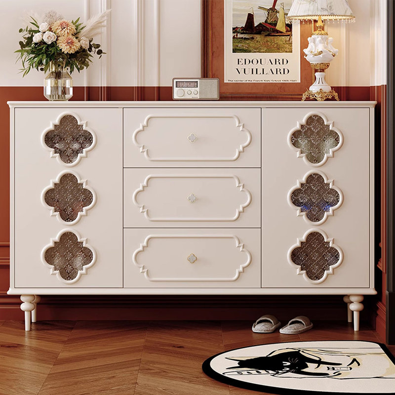 French style fashionable storage shoe cabinet, Ivory, 37.4" H x 55.12" W x 13.78" D