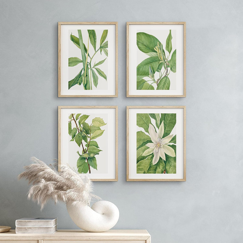 Minimal Botanical IDÉE4WALL, art mural fleur de forêt verte encadrée, ensemble de 4 impressions murales de collage floral, décoration murale nature sauvage pour le salon, impression encadrée de 4 pièces