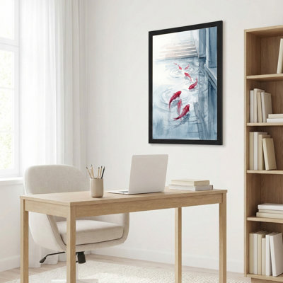 Art mural sur toile noir encadré pour le salon, la chambre à coucher, le bureau ou le vestibule - Décoration murale décorative avec poisson Koi