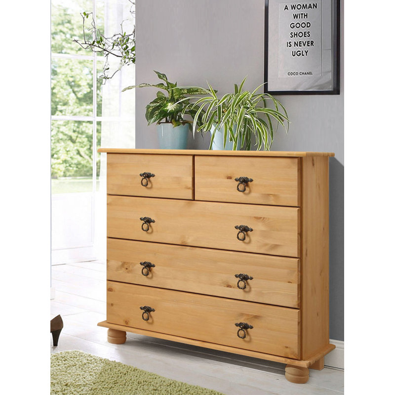 Amias Solid Wood 82cm W 5 - Drawer Chest of Drawers, Stain Wax