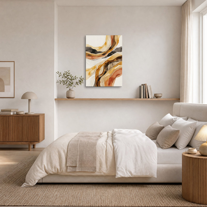 Tableau abstrait sur toile à motifs de vagues topographiques ocre et rouille, H 18 po x l 12 po
