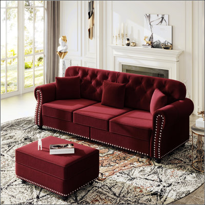 Canapé en velours de style Mid-Century moderne avec garniture cloutée, accoudoirs roulés et capitonnage à boutons, comprend 3 coussins pour plus de confort