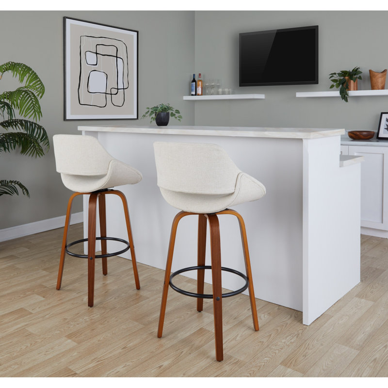 Tabouret de bar Mid-Century moderne à hauteur fixe avec pivot, Beige Seat/Brown/Black Frame