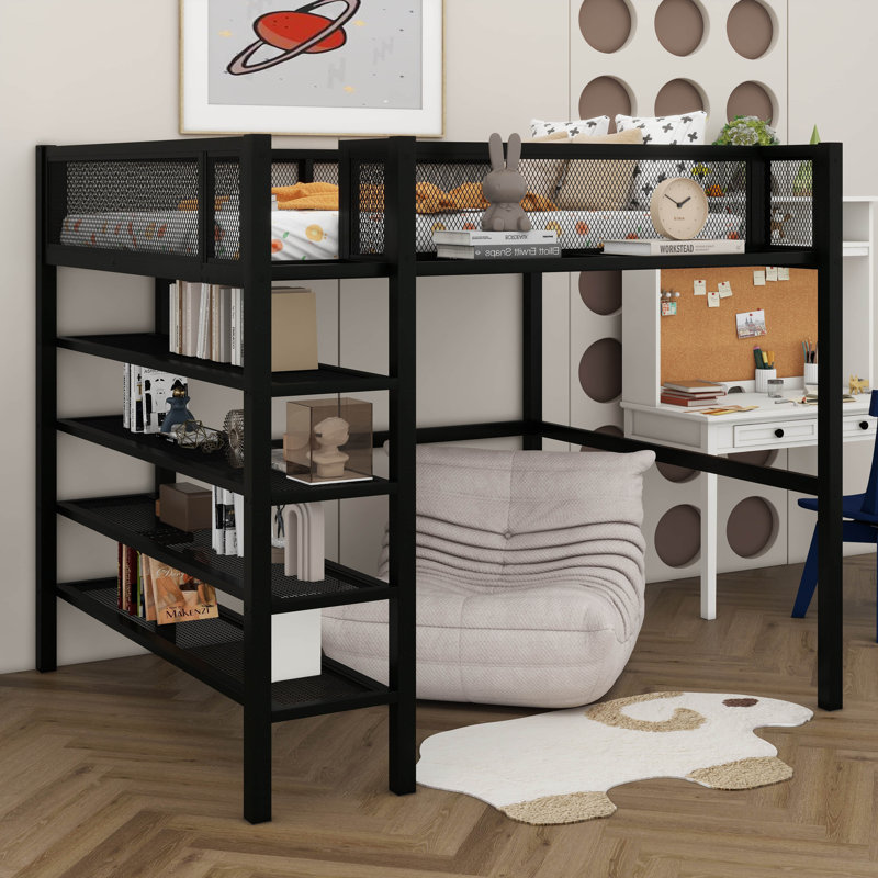 Lit mezzanine en métal avec tablettes à 4 niveaux et rangement Alexandreia, Double, Noir