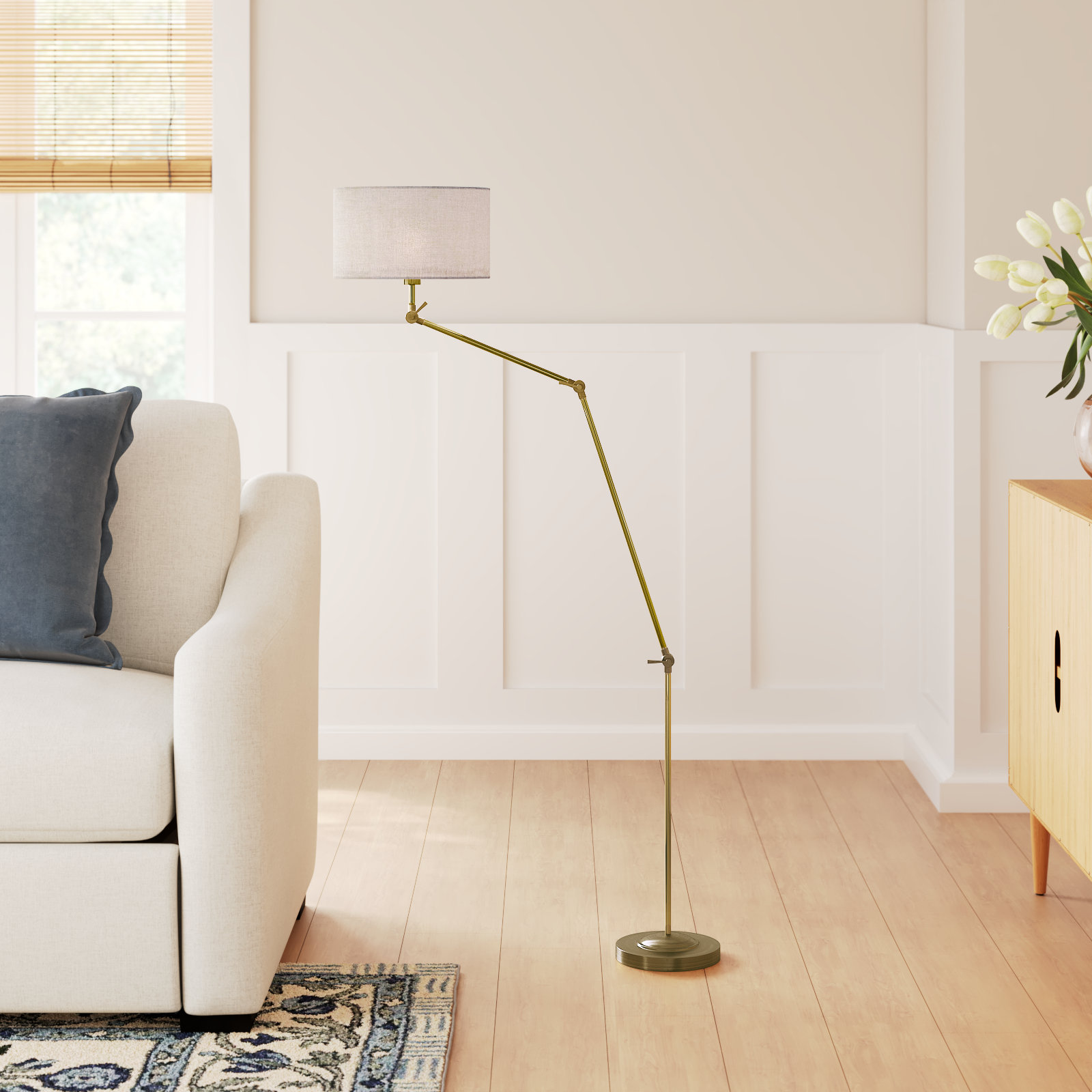 65.25'' Dimmable Swing Arm Floor Lamp, Antique Brass, Cream Textured Fabric