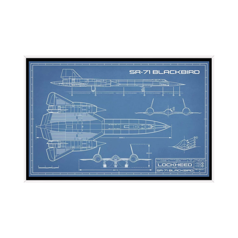 « SR-71 »-plan d’un avion d’espion-dessin imprimé, Pas de tapis, H 32 po x l 48 po x 1,5 po, Toile blanche encadrée