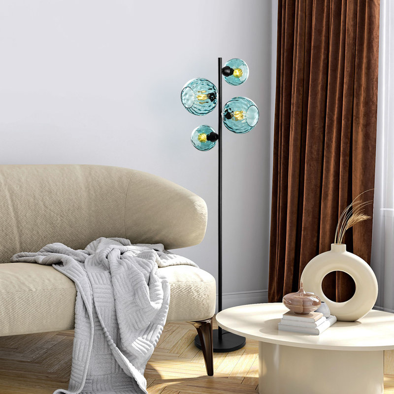 Lampe sur pied industrielle moderne, structure en métal noir, 13,8 x 13,8 x 65,0 pouces | 4 x douilles E27 (40 W maximum) | Bouchon en verre élégant, classé IP20 | Idéal pour le salon, la chambre à coucher et le bureau - Solution d'éclairage élégante et fonctionnelle