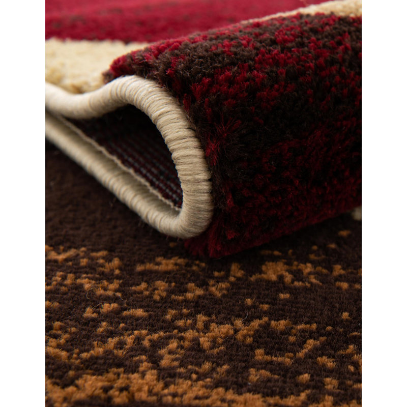 Square Beige and Red Abstract Synthetic Indoor Rug