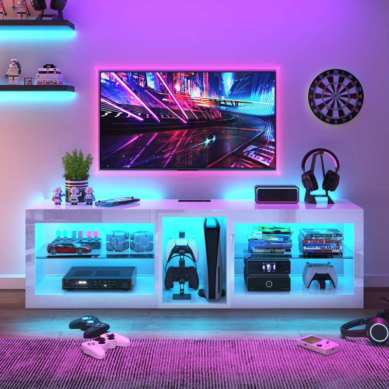 Meuble télé 63 po à DEL ultrabrillant moderne pour téléviseur de 65 po / 70 po avec prises de courant, tablettes réglables, compatible PS5