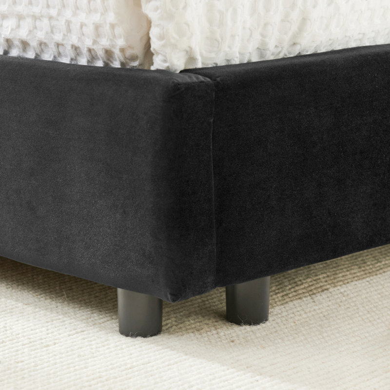 Reversible L-Shape Upholstered Platform Bed With Velvet Fabric Design, Black