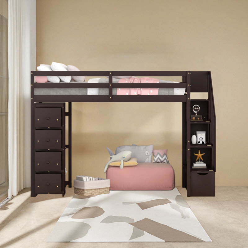 Twin Size Loft Bed With Storage Drawers And Stairs, Wooden Loft Bed With Shelves, Espresso