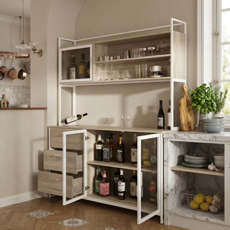 Industrial Bar Cabinet With Wire Doors & 3 Drawers, White