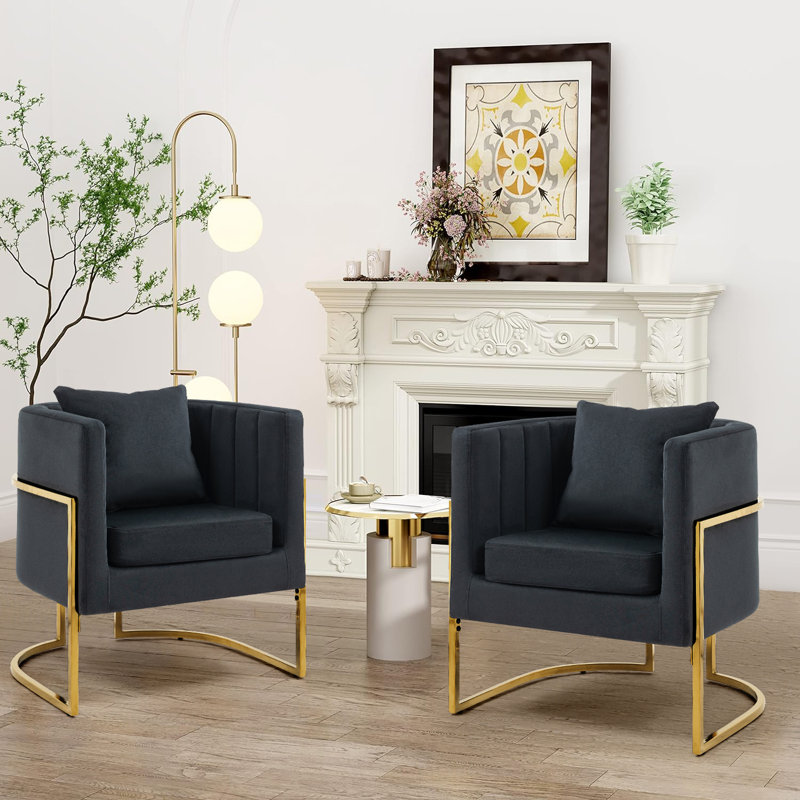Fauteuil d'appoint demi-tonneau en velours avec coussin, Noir, noir, noir, noir