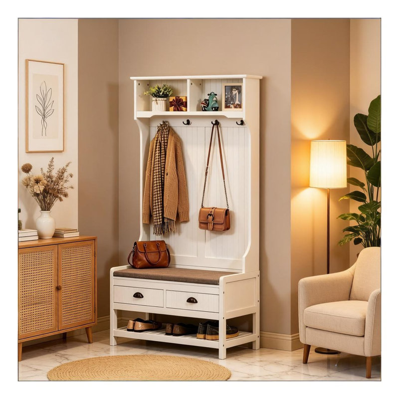 Portemanteau d'entrée avec banc, rangement pour chaussures et tiroirs, porte-manteau en panneau de fibres à densité moyenne blanc