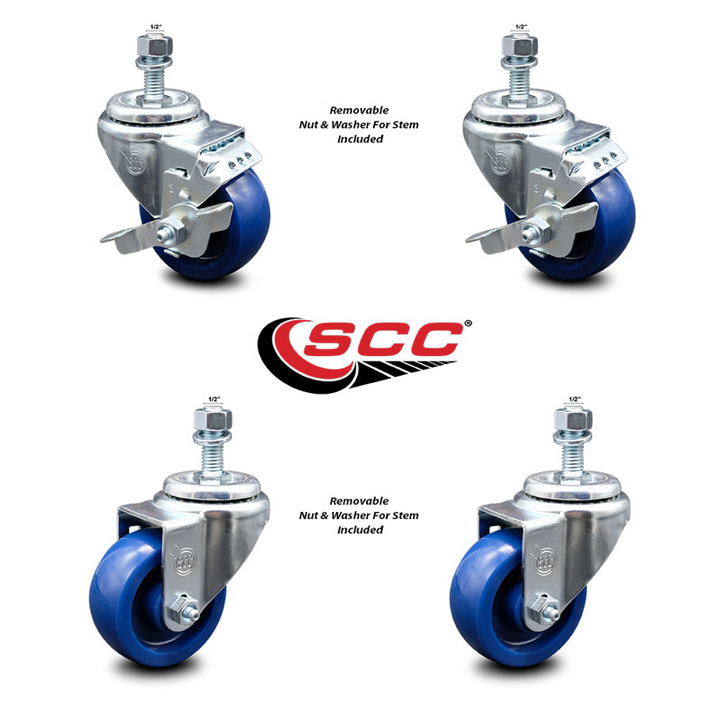3.5 Inch SS Solid Polyurethane Swivel ½ Inch Threaded Stem Caster Set 2 Brakes