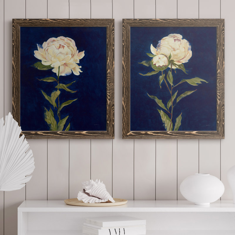 PRETTY AS A PEONY I - Ensemble de 2 reproductions de cadres photo sur toile, Encadré de bois de noyer