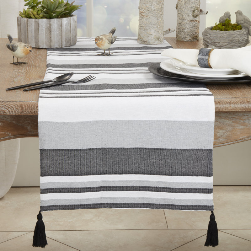 Gray and White Striped Cotton Table Runner with Tassels