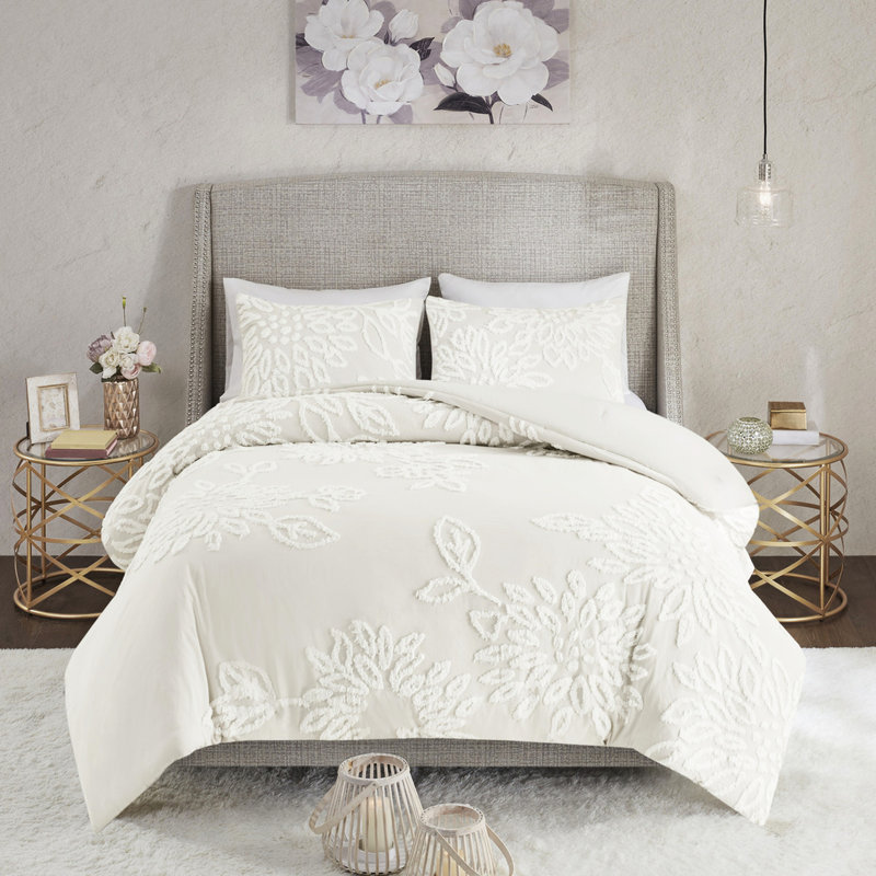 Édredon 3 pièces en chenille de coton, Blanc cassé, Édredon pour très grand lit + 2 taies décorativ