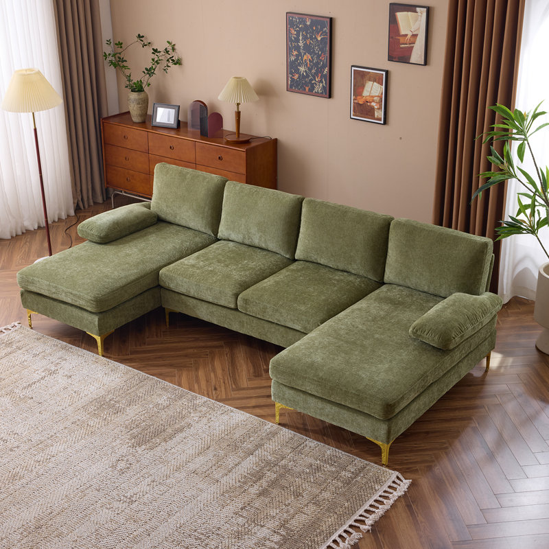 Trego Upholstered U-Shaped Sectional Symmetrical, Green Chenille
