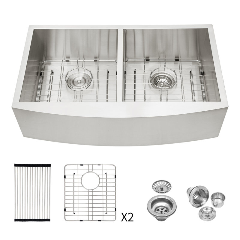 Double Bowl (50/50) Farmhouse Sink- 36" X 20" X 9"Stainless Steel Apron Front Kitchen Sink 16 Gauge With Two 9" Deep Basin