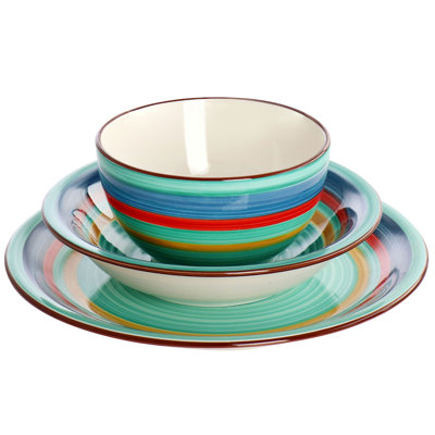 12 Piece Stoneware Dinnerware Set in Green Multi
