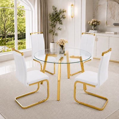 Modern Glam 5-Piece Tempered Glass Round Dining Set with Faux Leather Cantilever Chairs