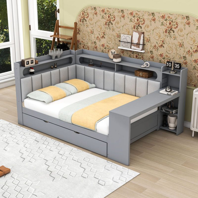Full Daybed with Twin Trundle, Shelves, LED Lighting, Charging Station and Desk, Gray