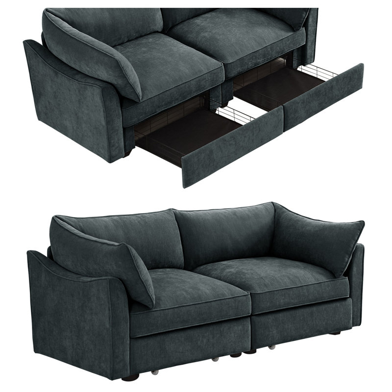 Canapé de rangement 2 places avec tiroirs coulissants - Causeuse en chenille avec rangement caché sous chaque siège, conception peu encombrante pour les petits salons et appartements