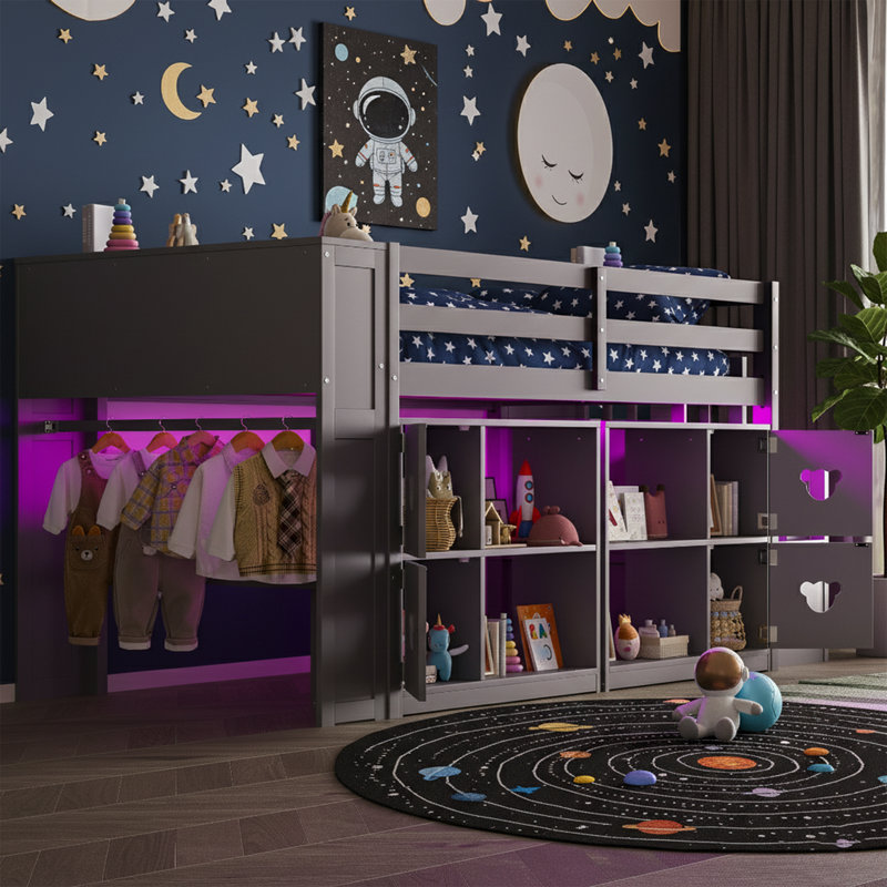  Lit mezzanine bas simple 44,5 po avec escalier de rangement - lit en bois naturel avec tête de lit à DEL et armoire intégrée - Lit pour enfant peu encombrant avec tiroirs - aucun sommier nécessaire