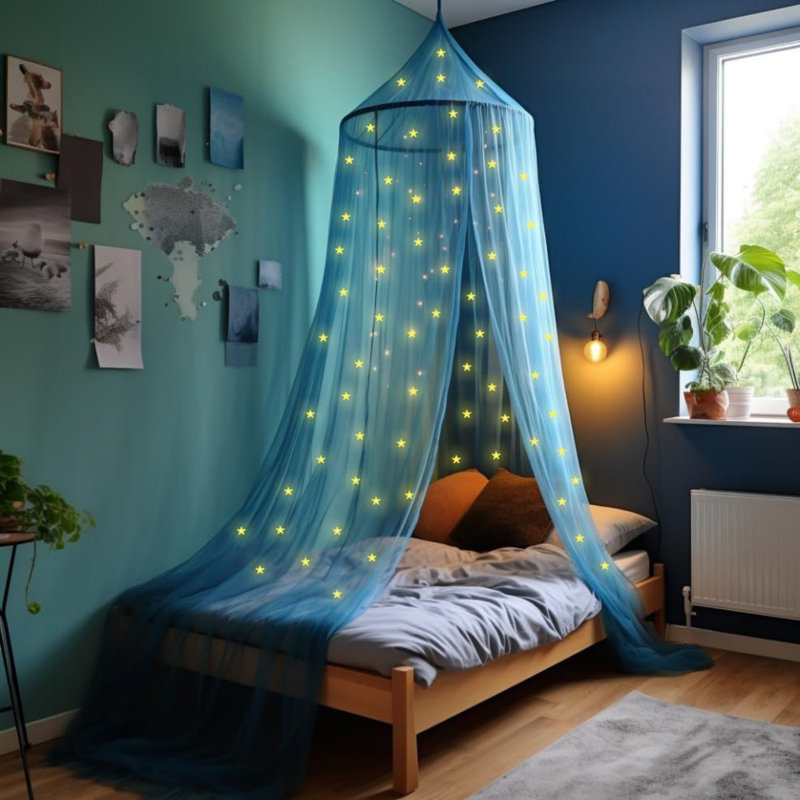 Pink Canopy for Girls Bed with Pre-Glued Glow in The Dark Stars 1 Opening Canopy Bed, Blue