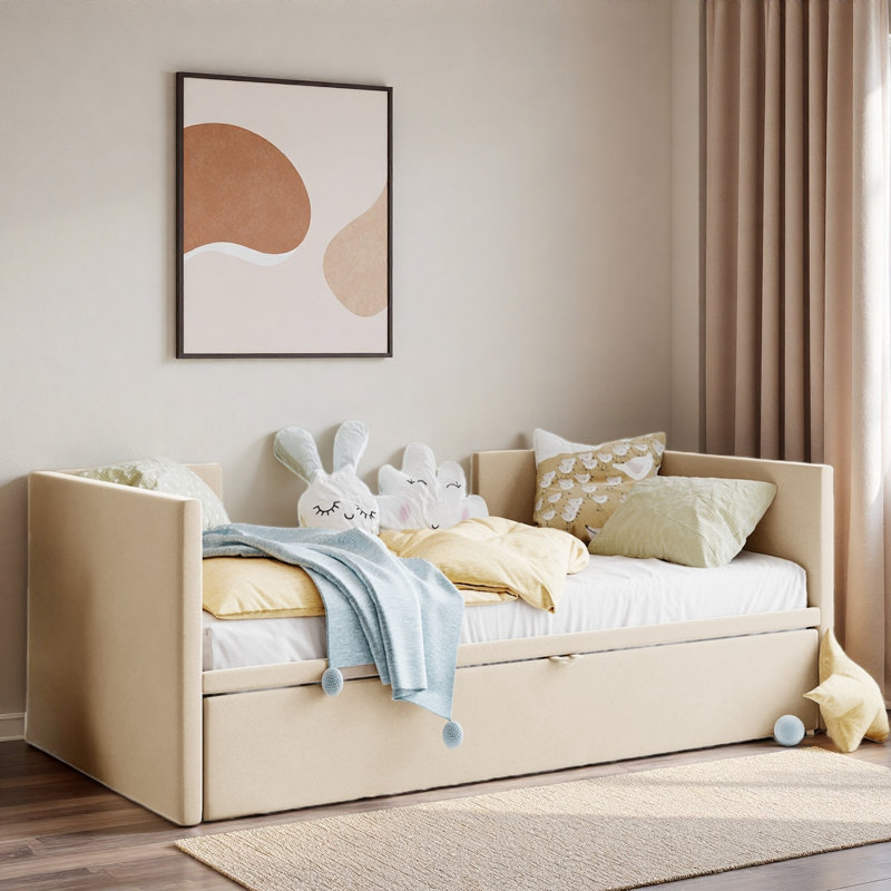 Upholstered Daybed With Pop Up Trundle, Beige