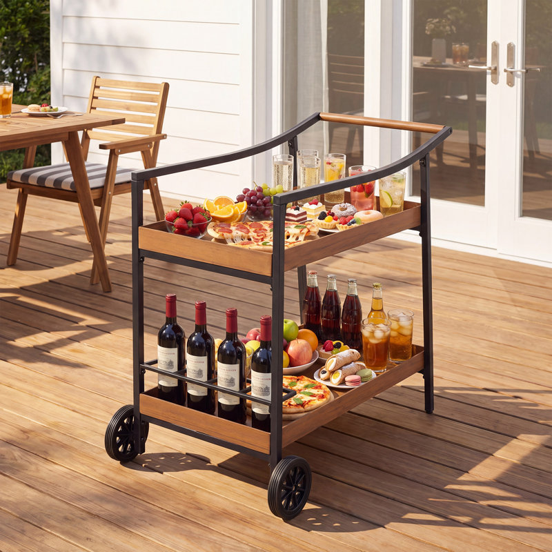 Chariot-bar avec roues, chariot à boissons à 2 niveaux avec support à vin, chariot de service en métal à grain de bois résistant aux intempéries