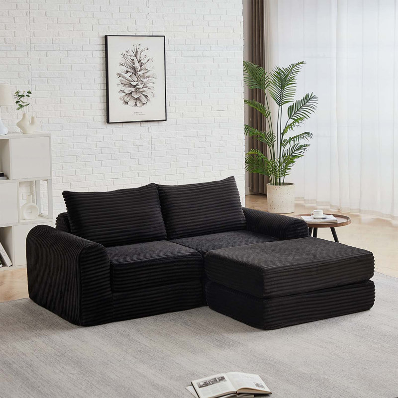 75.5 " Corduroy Sofa, Black Corduroy, Black