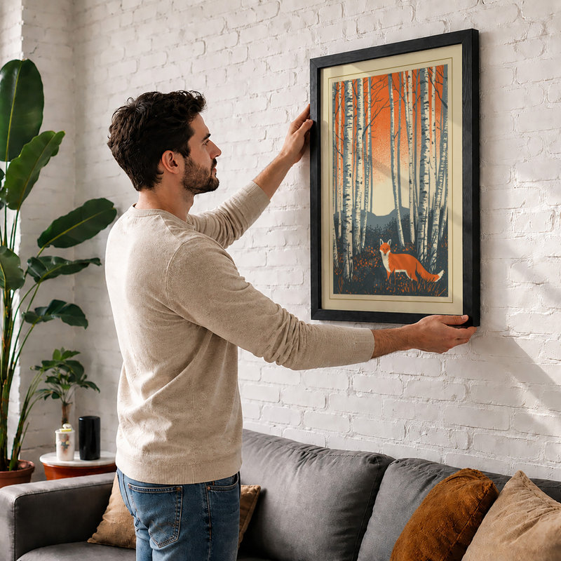 Fox in Birch Forest Scandinavian - Framed Print, Black, A4 - 29.7 x 21.0 cm