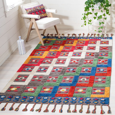 Casablanca Hand Loomed Wool/Cotton Geometric Rug in Red/Brown/Blue