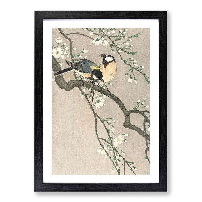 Tits on a Cherry Branch by Ohara Koson - Picture Frame Painting Print, Black Framed, 48cm H x 36cm W x 2cm D