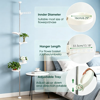 Adjustable 5-Layer Indoor Plant Pole Spring Tension Rod Corner Flower Display Rack, Floor to Ceiling Telescopic Plant Stand Holder with 4 Trays and 1 Hook, Space Saving Stand for Living Room Balcony Office, Ivory