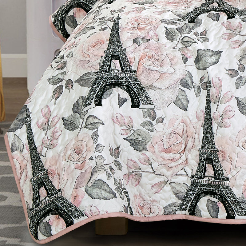 Ensemble de couvre-lit pour enfant 2/3 pièces Tour Eiffel et courtepointe réversible floral Paris