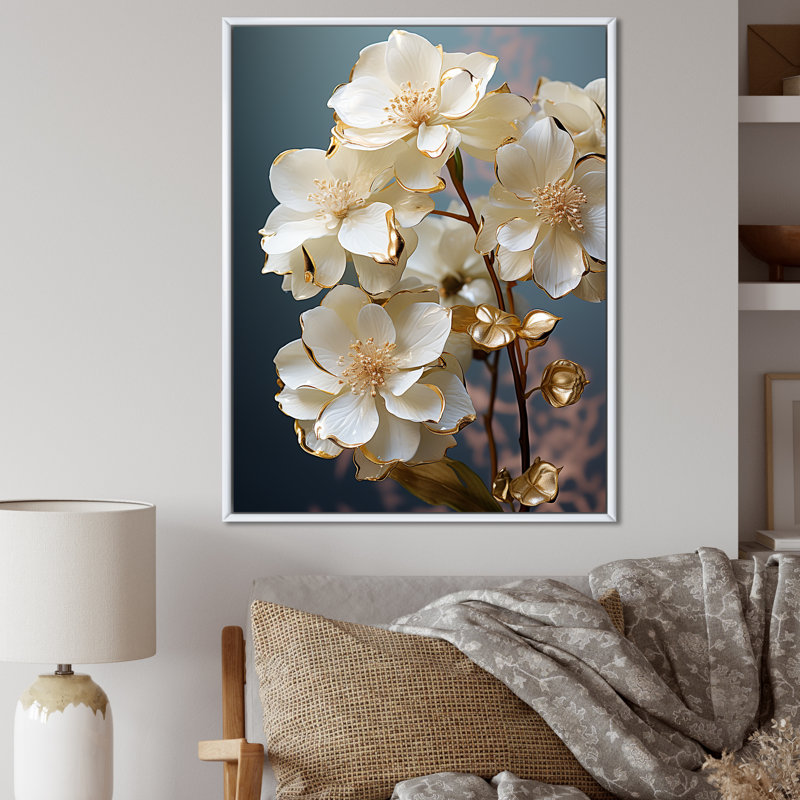 Hortensia baroque blanc et or II - hydrangées, art mural, H 40 po x l 30 po x P 1,5 po, Cadre flottant blanc