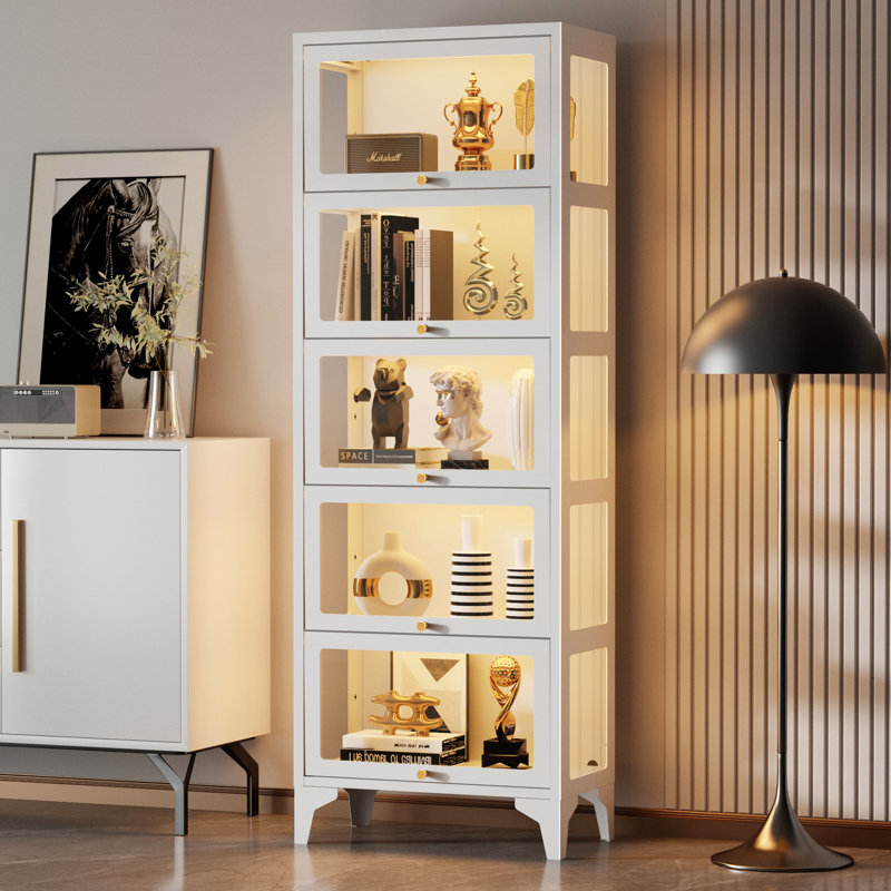 Vitrine à 5 niveaux avec vitrine en verre trempé, Blanc