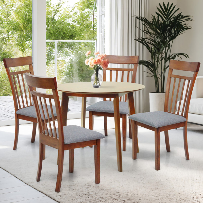 Ensemble de table de salle à manger 5 pièces, 4 chaises d'appoint en bois massif de style classique avec table de salle à manger ronde, ensemble de salle à manger avec coussins gris