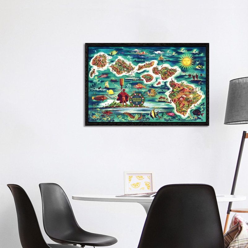 Retro Map Of The Hawaiian Islands - Print on Canvas, 101.6 cm H x 66.04 cm W, Black Framed