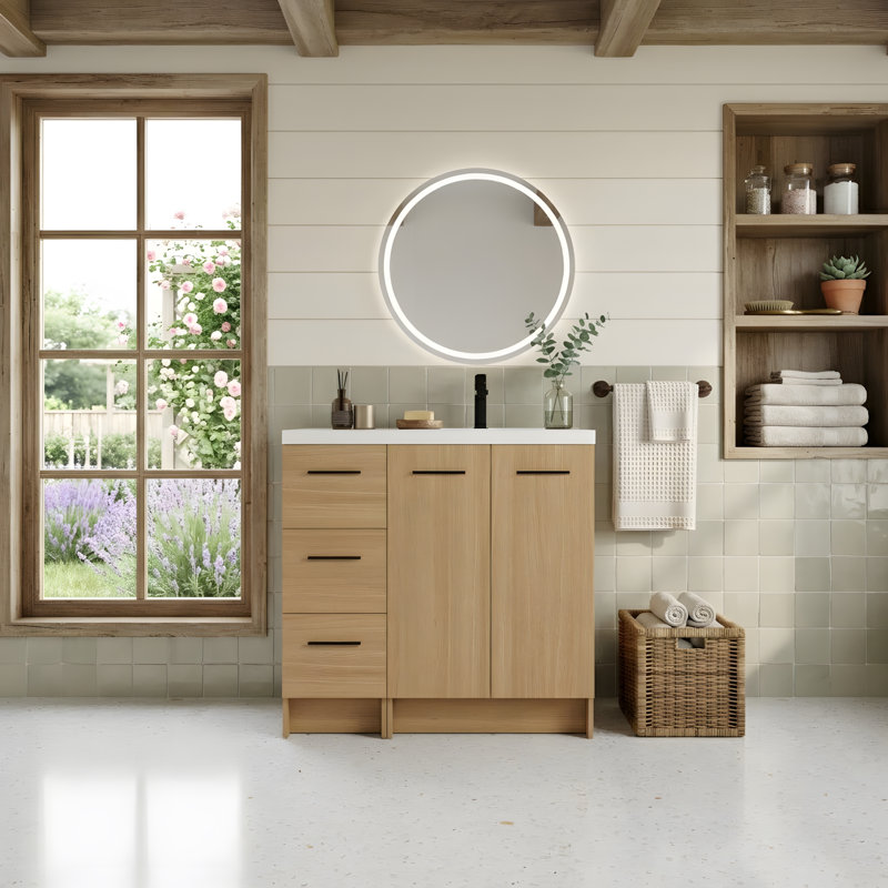 Meuble-lavabo sur pied 36 po avec lavabo en résine et armoire de rangement multifonctionnelle