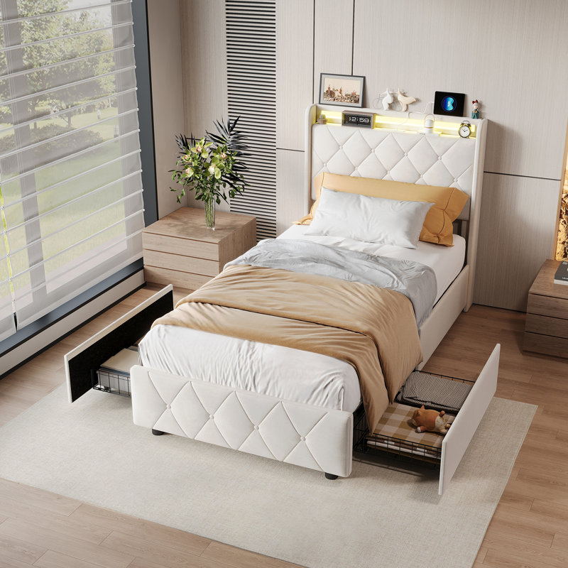 Upholstered Bed, European Single (90 x 200 cm), Beige