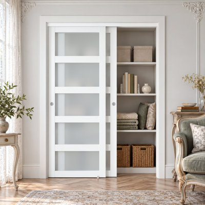 60" x 80" 5-Lite 80'' Frosted Glass Sliding Closet Doors With Installation Hardware Kit